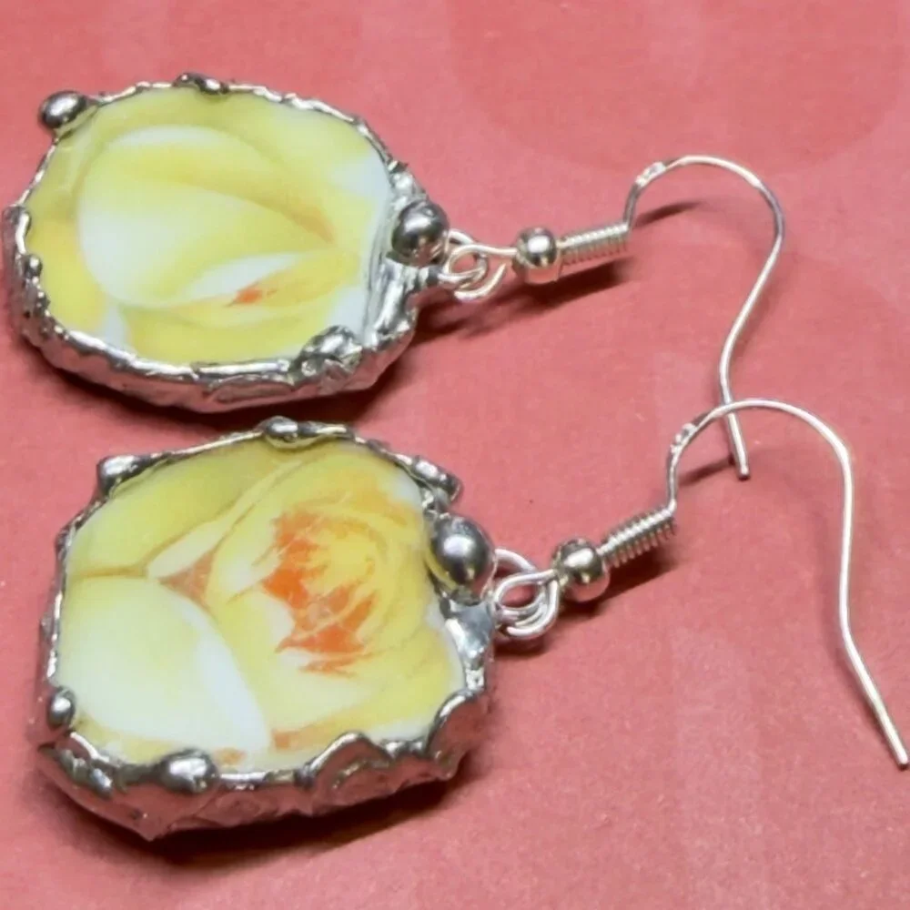 Yellow Rose Bavaria Broken China Earrings - Sterling Silver 925 Artisan Crafted - Picture 3 of 11
